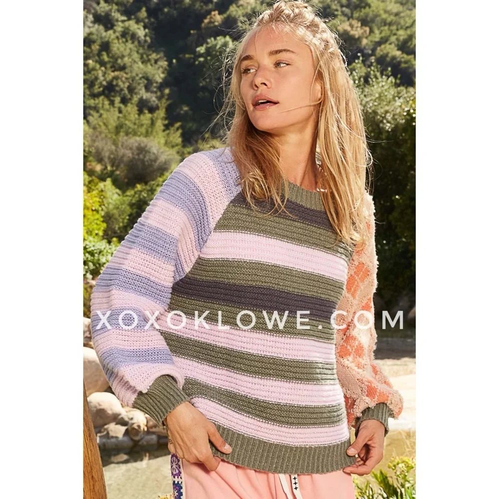 POL Olive Pink Stripped Balloon Sleeve Sweater Relaxed Fit - Picture 3 of 13